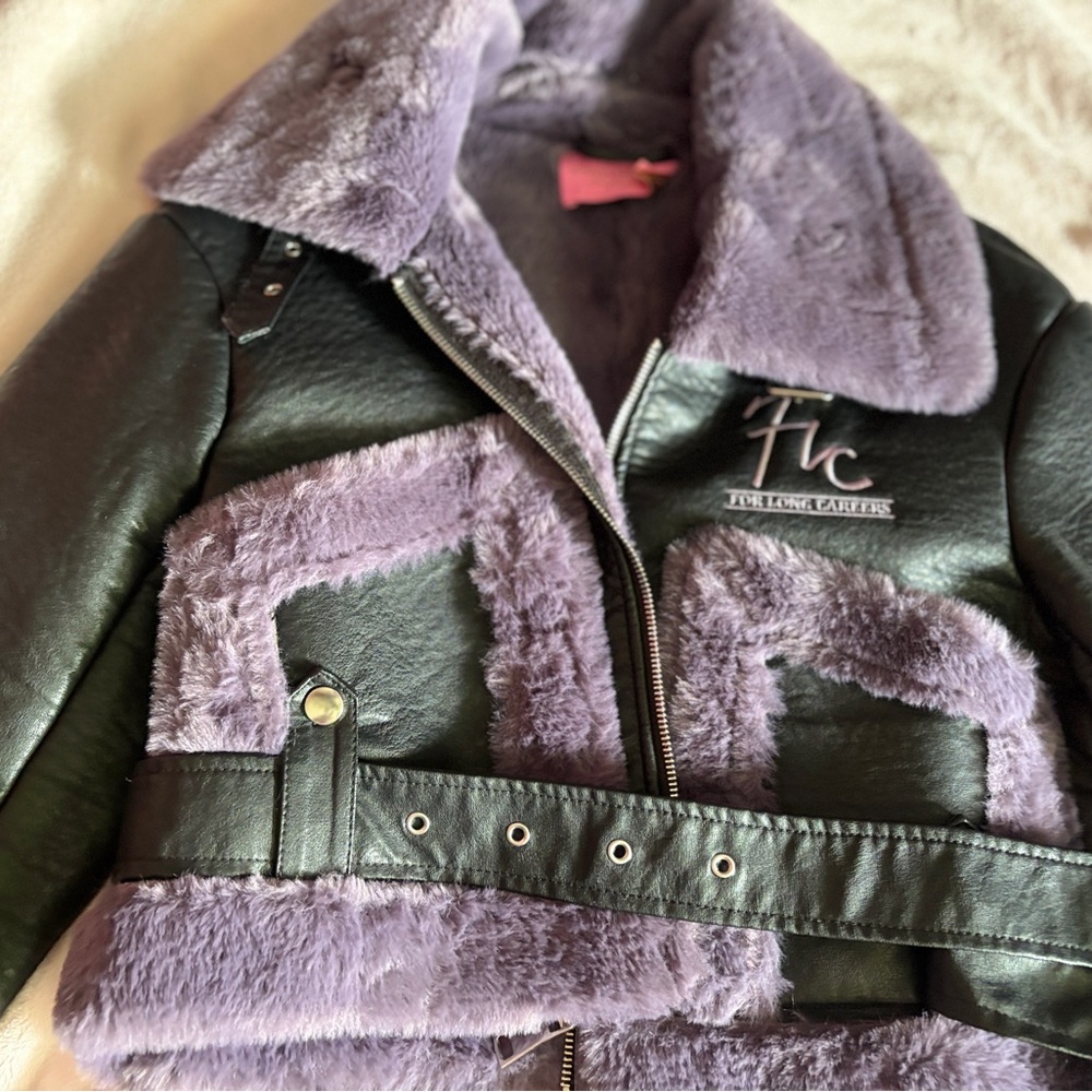 Kids Faux Leather Jacket with Purple Fur Trim